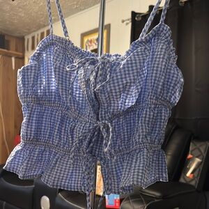 No Boundaries Blue and White Smocked Camisole with Tie Front